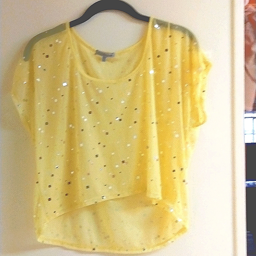 Charlotte Russe, size xs, sheer, pastel yellow/silver sequin crop top